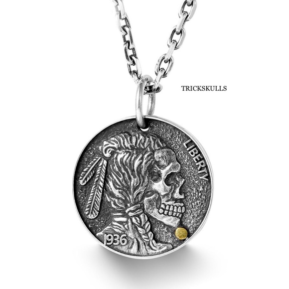 Buffalo Koi Skull Head Coin Charm Pendant Necklace Modern Vintage Streetwear NEW - Picture 9 of 11